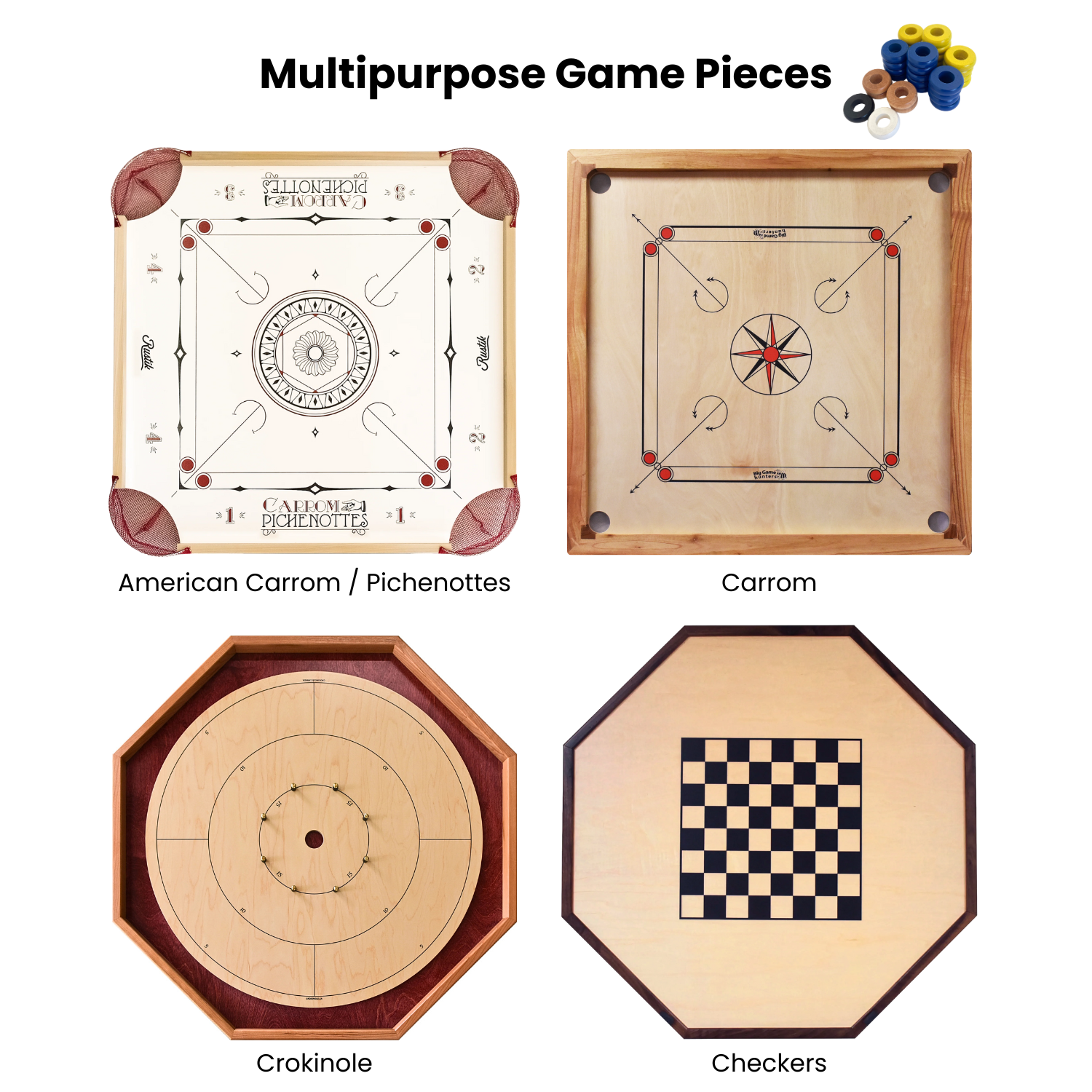 32 Blue and Yellow Carrom / Pichenotte Rings - (Blue / Yellow / Natural / Black / White) - Anneaux De Pichenottes - Game Accessories / Accessoires De Jeu - Carrom Canada