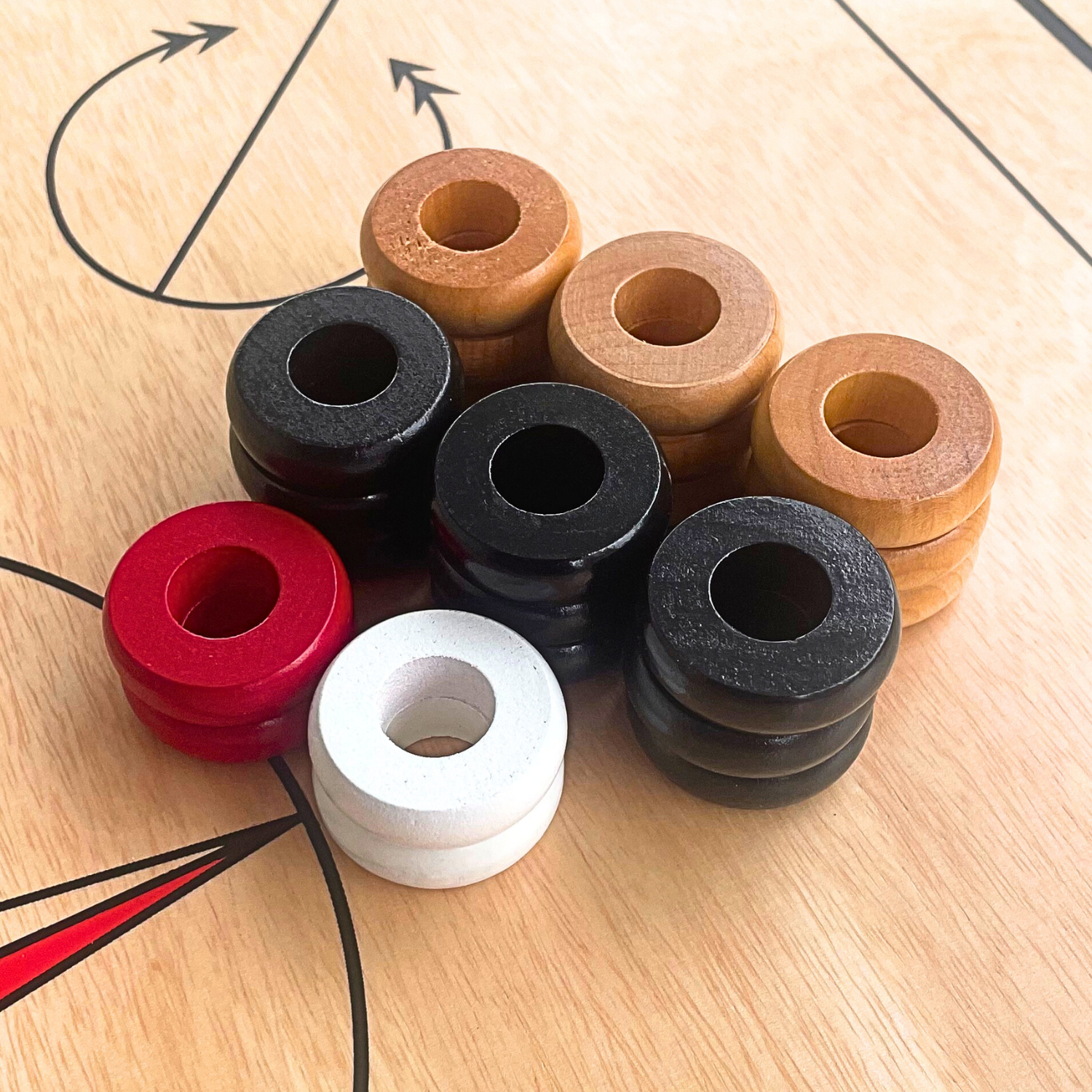 30 Traditional Carrom Board Game Coins (13 Black Coins / 13 Natural Coins / 2 Red Queens / 2 White Strikers) - Carrom Canada