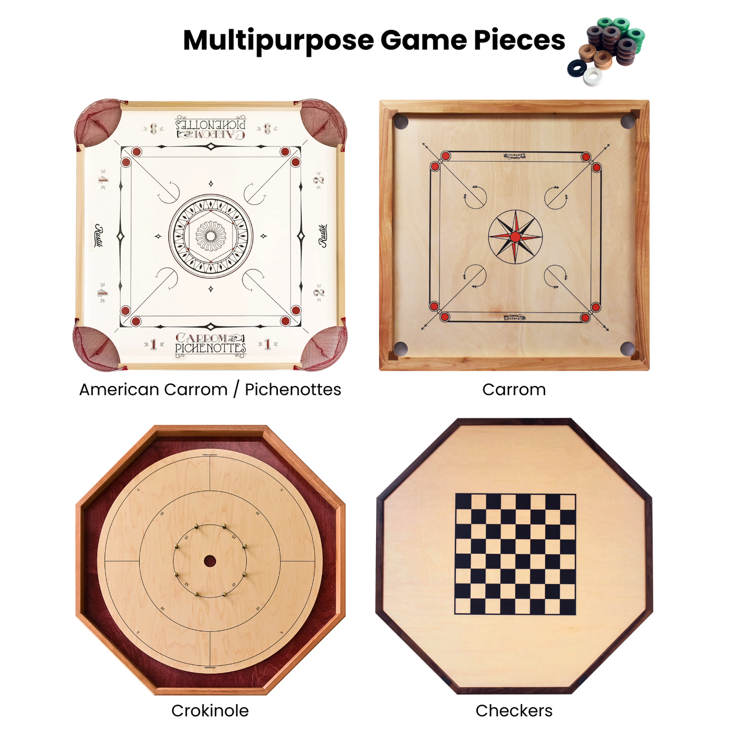 32 Green and Walnut Carrom / Pichenotte Rings - (Green / Walnut / Natural / Black / White) - Anneaux De Pichenottes - Game Accessories / Accessoires De Jeu - Carrom Canada