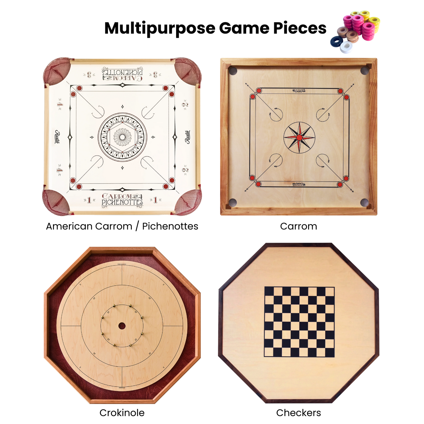 32 Yellow and Pink Carrom / Pichenotte Rings - (Yellow / Pink / Natural / Black / White) - Anneaux De Pichenottes - Game Accessories / Accessoires De Jeu - Carrom Canada