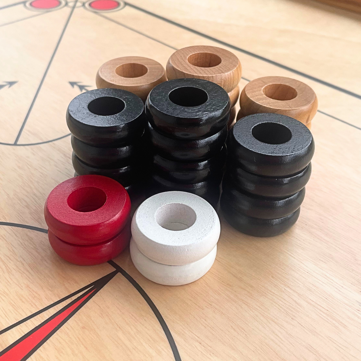 30 Traditional Carrom Board Game Coins (13 Black Coins / 13 Natural Coins / 2 Red Queens / 2 White Strikers) - Carrom Canada