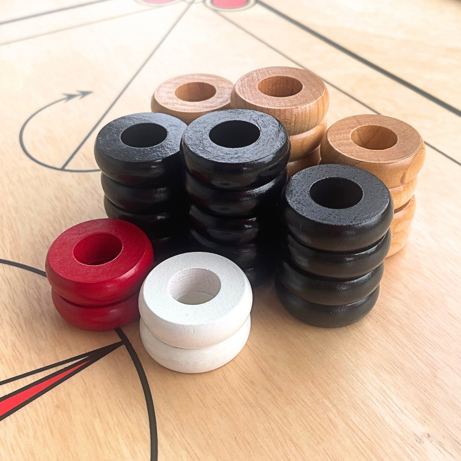 30 Traditional Carrom Board Game Coins (13 Black Coins / 13 Natural Coins / 2 Red Queens / 2 White Strikers) - Carrom Canada